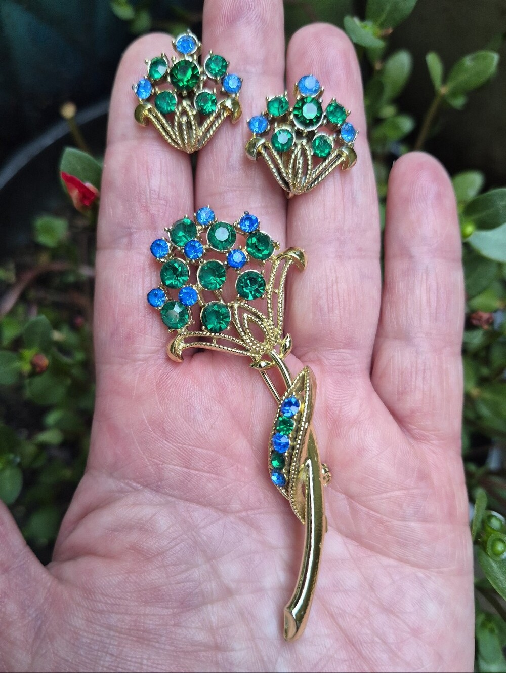Coro Vintage Flower Demi Set Statement Brooch Earrings Blue Green Rhinestone 50s